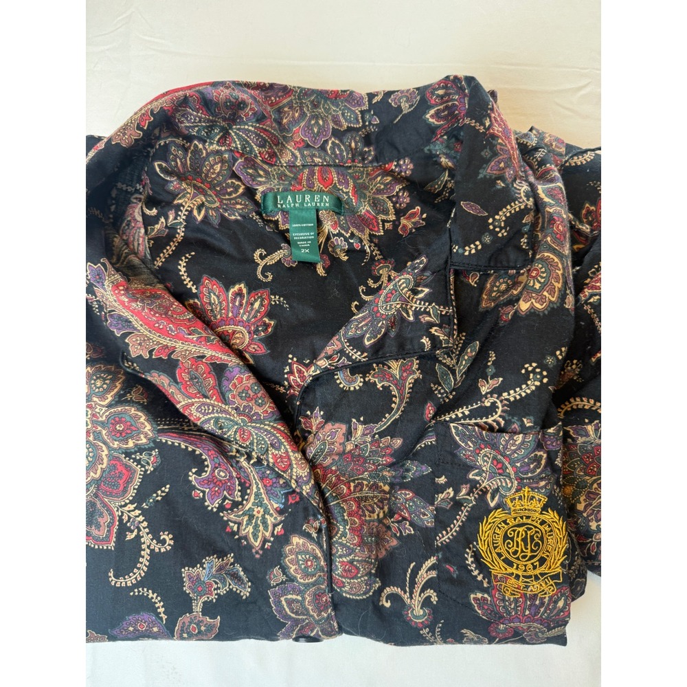 Lauren Ralph Lauren 2X Paisley Cotton Pajama Lounge Set Embroidered Crest - Picture 2 of 4